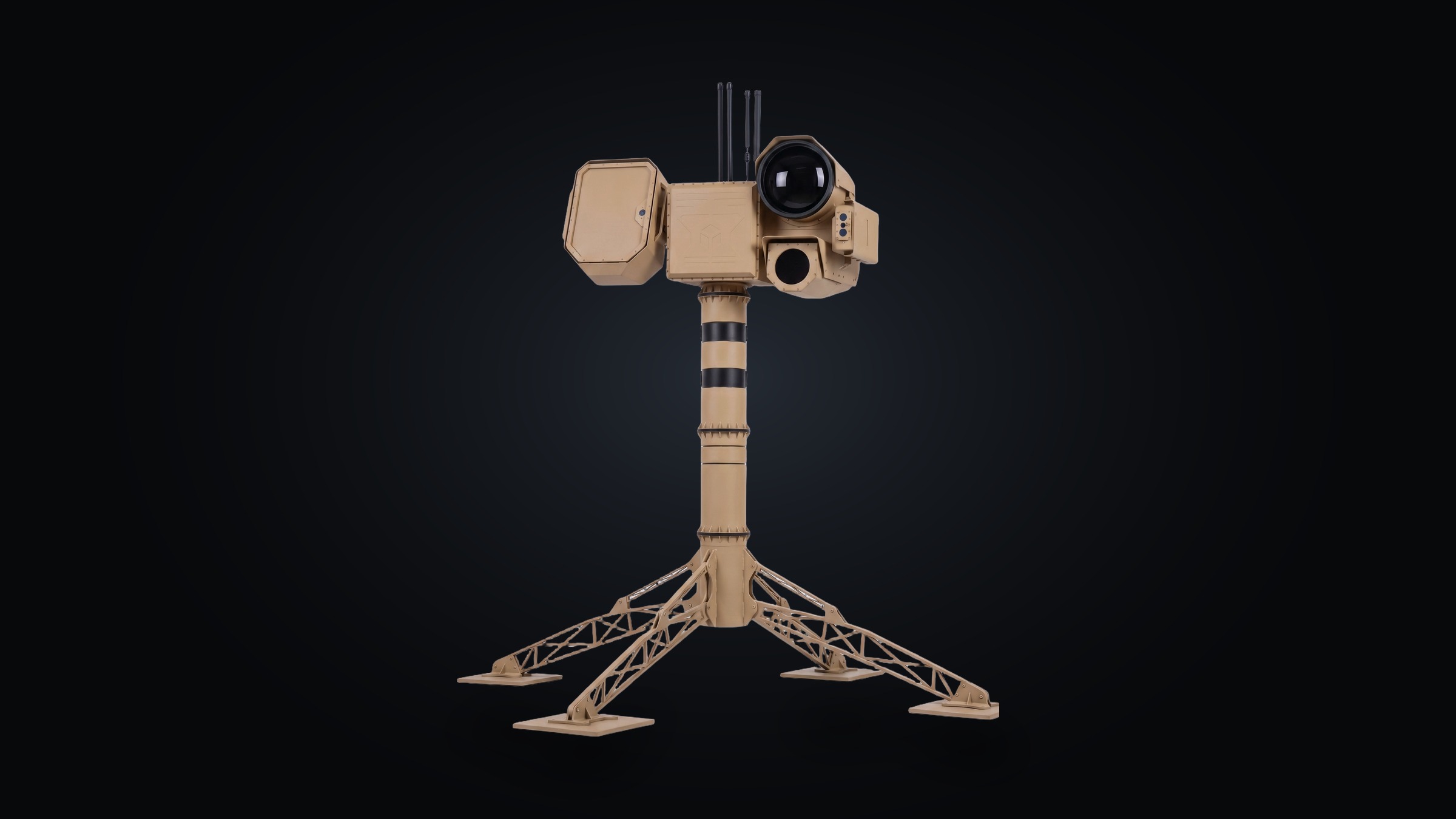 RAVEN Compact with its four subsystems marked: radar panel, electro-optical head, radio antennas and the mast