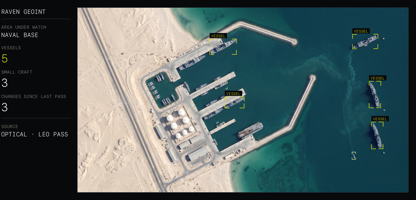 Illustrative: the operator's view of a naval base under watch, with vessels and small craft detected on a satellite pass
