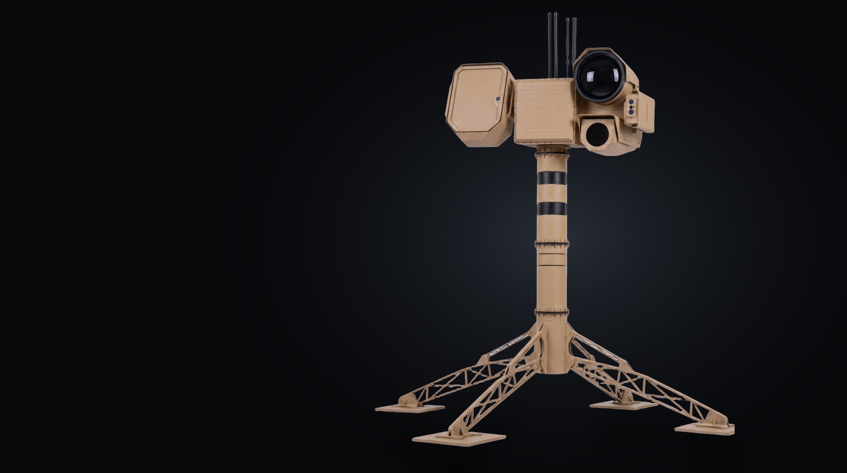 RAVEN Compact on its folding tripod: the radar face on the left, the electro-optical head on the right, radio antennas above