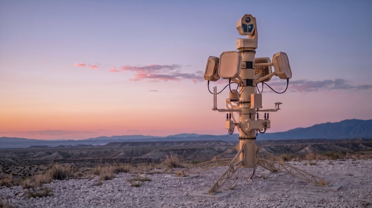 RAVEN Fixed Site at dusk: the sensor mast on its tripod base above a desert valley