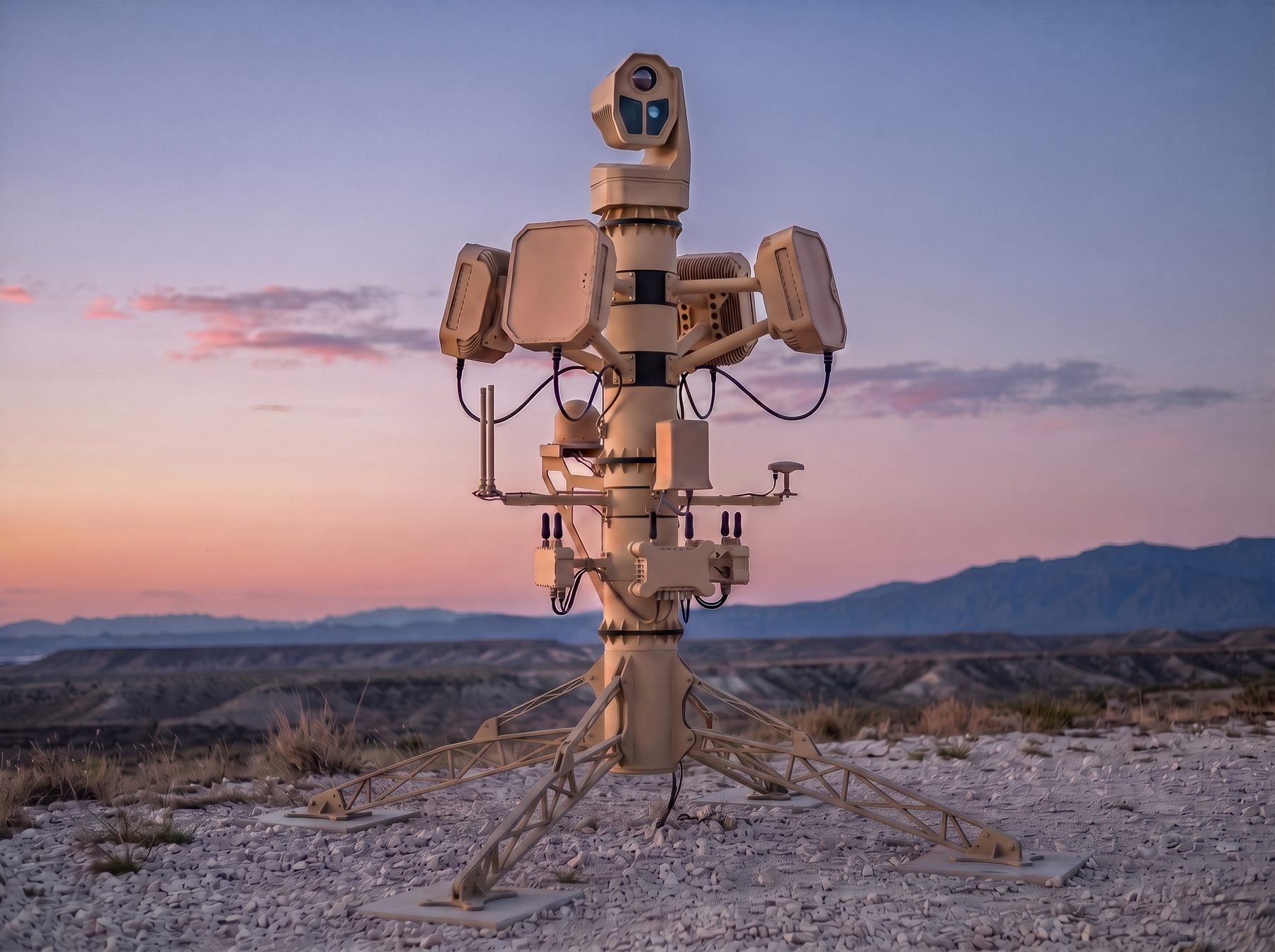 A RAVEN sensor mast at dusk