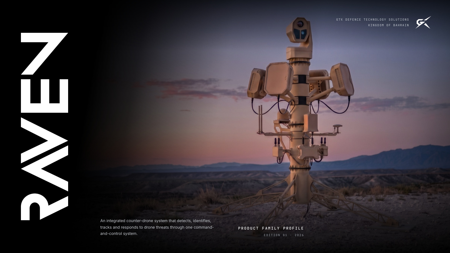 RAVEN — an integrated counter-drone system that detects, identifies, tracks and responds to drone threats through one command-and-control system. Product family profile, edition 01, 2026.